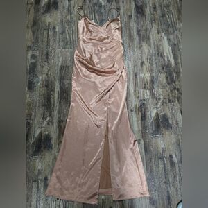 Azazie SukiaTaupe Mermaid Pleated Metallic Satin Dress